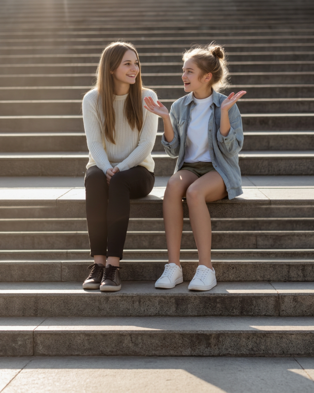 A mentor and a teen talking on steps